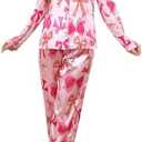 WDIRARA Women's 2 Piece Satin Sleepwear Flamingo Animal Print Button Down Shirt and Pants Pajama Set, Size: XL