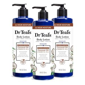 Dr Teal's 24 Hour Moisture+ Body Lotion, Coconut Oil & Essential Oils, 18 fl oz (Pack of 3)