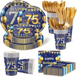 350PCS 75th Birthday Party Decorations for 50 Guests Blue and Gold Party Supplies for Men Include Disposable Paper Plates, Napkins, Cups, and Disposable Plastic Cutlery (75)
