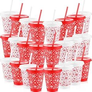 FoldTier 24 Pack Christmas Snowflake Cups Bulk Gifts 16oz Snowflake Reusable Plastic Cups with Lids and Straws Winter Tumblers for Christmas Winter Wonderland Party(White, Red)