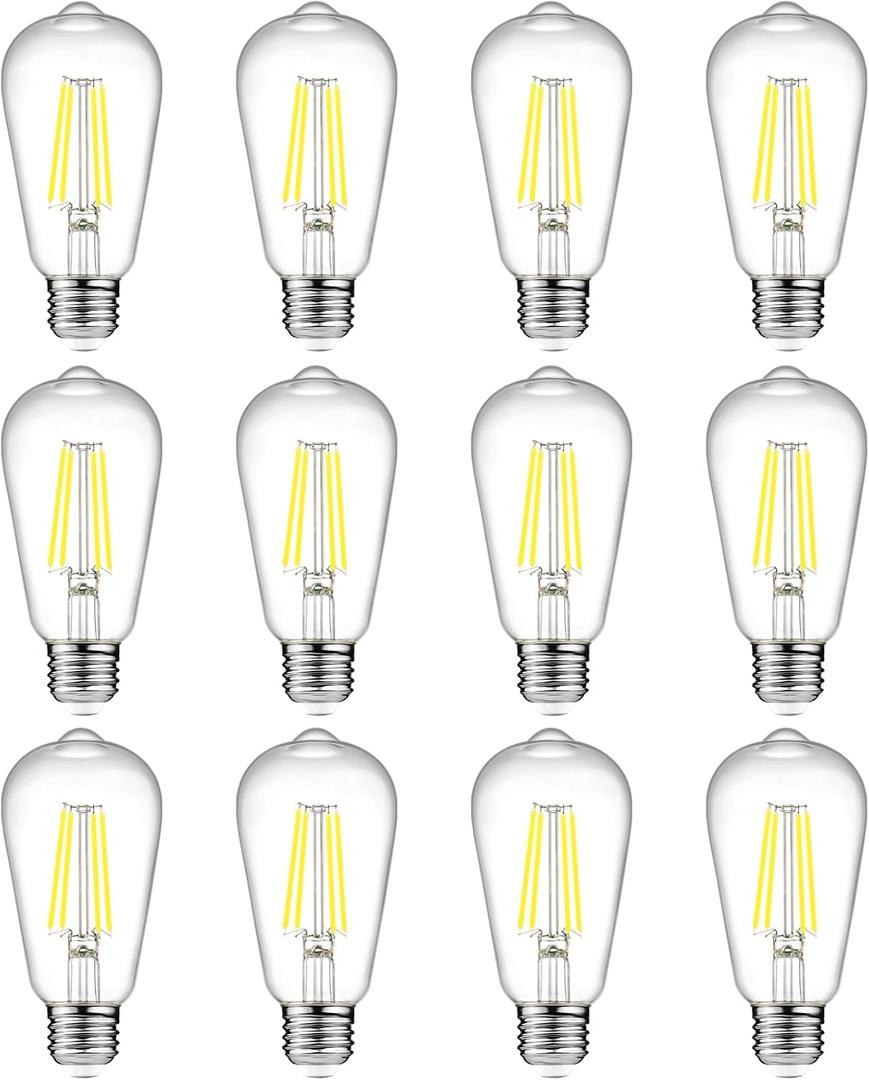 Ascher Vintage LED Edison Bulbs, 6W, Equivalent 60W, Non-Dimmable, Daylight 5000K, 700Lumens, ST58 Antique LED Filament Bulbs with 80+ CRI, E26 Medium Base, Clear Glass, Pack of 12