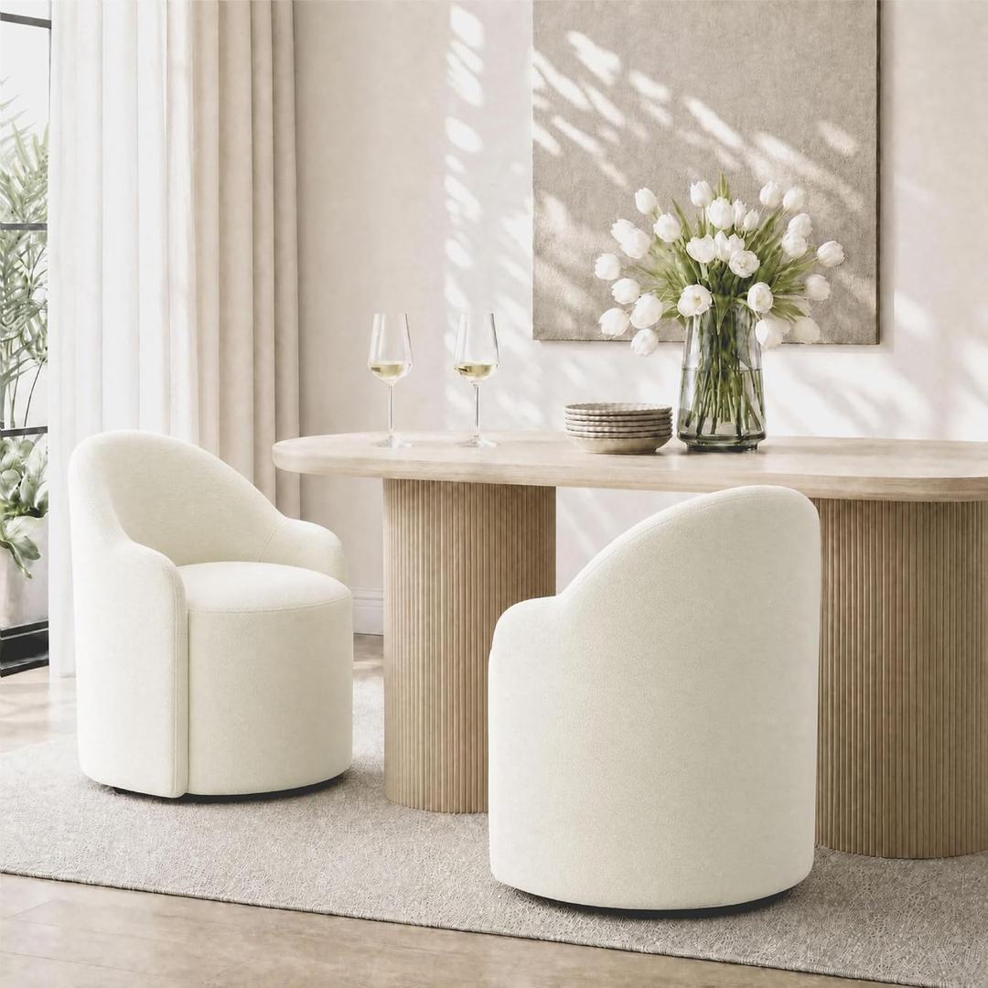 KISLOT Upholstered Dining Chairs Set of 2 with Caster, Pre-Assembled, Ivory