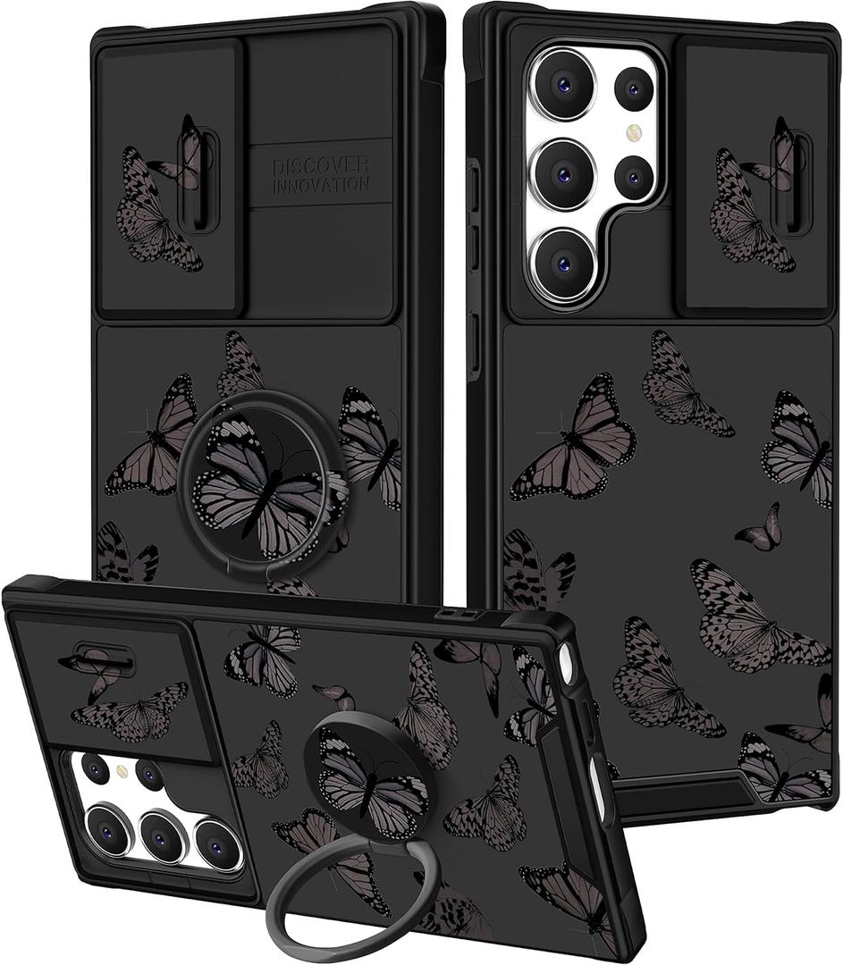 Goocrux (2in1 for Samsung Galaxy S23 Ultra Case Black Butterfly for Women Girls Girly Phone Cover Cute Butterflies Design with Slide Camera Cover+Ring Holder Fashion Cases for S23 Ultra 5G 2023 6.8''