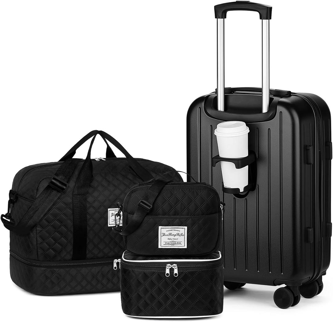 Luggage Sets for Women Men 4 Piece - Carry on Hardside Suitcase 20inch with USB Port, 360 Spinner Wheels, Duffel Bag, Cup Holder, Lightweight Luggage Set for Travel Vacation (Black)