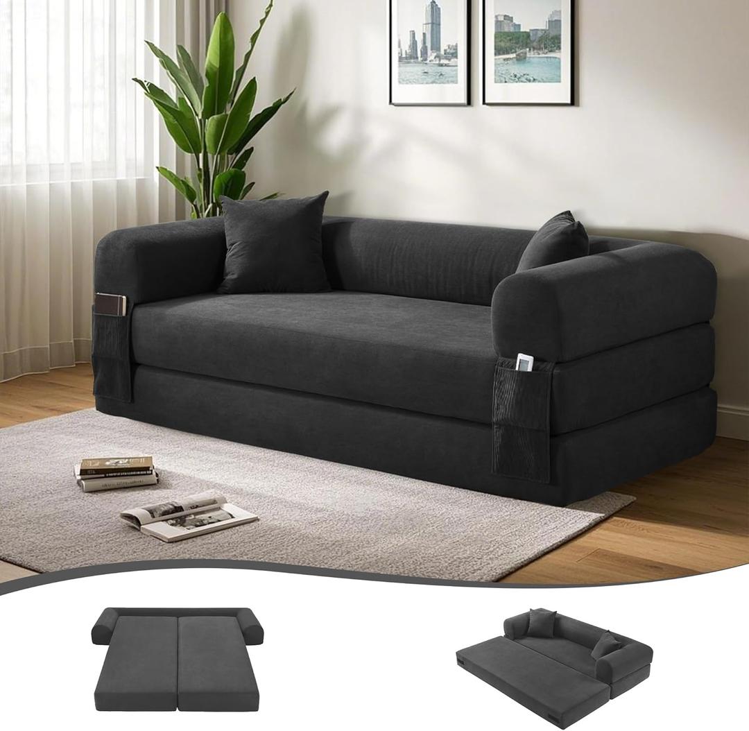 80" Convertible Sofa Bed, 3-in-1 Corduroy Folding Pull Out Couch with Pillows, No Assembly Modern Boneless Couch Compression Sofa in Box, Floor Sofa with Side Storage Pocket for Living Room,Dark Grey