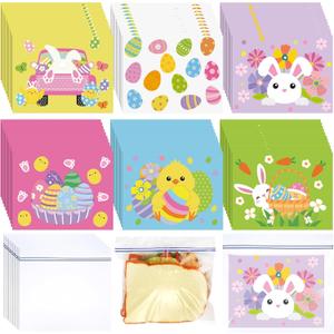 Fuyoooo 120 Pcs Easter Zipper Sandwich Bags with Stickers Plastic Snacks Candy Gift Bags for Easter Chocolate Biscuits Holiday Theme Party Family Festival Activities