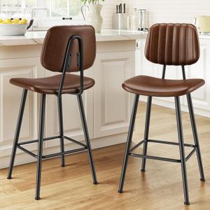 24-Inch Leather Bar Stools Set of 2, Counter Height Barstools with High BackrestBar Chairs for Kitchen Island with Heavy Duty Metal Legs, Dark Brown