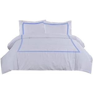 BedDecor Duvet Cover Set – 3-Piece, 500TC Egyptian Cotton with 3-Line Embroidery, Zipper & Corner Ties – Medium Blue, Full/Queen