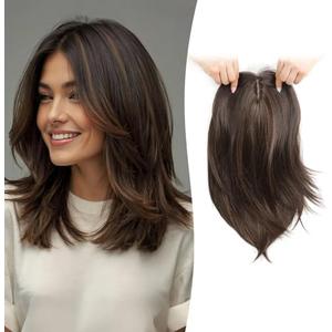 360 Hair Topper 12inch Clip in Synthetic Hair Toppers for Women with Thinning Hair Layered 6.5"X6.5" Big Base Toppers Hair Pieces for Women Natural Look Medium Brown with Highlights 360 Hair Topper 12inch Clip in Synthetic Hair Toppers for Women with Thinning Hair Layered 6.5"X6.5" Big Base Toppers Hair Pieces for Women Natural Look Medium Brown with Highlights