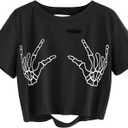 Avanova Women Skull Finger Graphic Distressed Tee Shirt Ripped Short Sleeve Crop Tops (3X-Large)