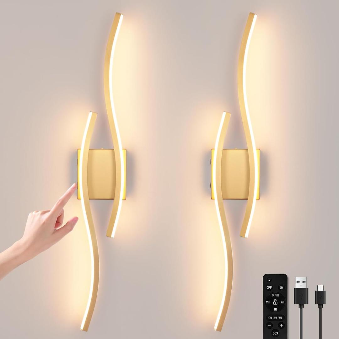 Modern LED Wall Sconce Set of Two, Battery Powered Wall Sconces Set of 2 with Timer, Gold Wall Light with Remote, LED Wall Lamp Indoor not Hardwired for Bathroom Living Room Bedroom Corridor, Battery Operated