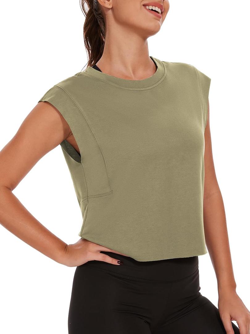 Womens Workout Crop Tank Tops Loose Sleeveless Summer T Shirts Oversize Active Yoga Gym Tee Y2k (L)