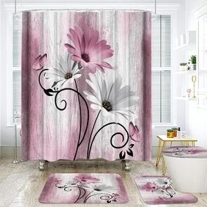 Onalasyc 4PCS Pink Daisy Floral Bathroom Sets with Shower Curtain and Rugs, 71"W x 71"L
