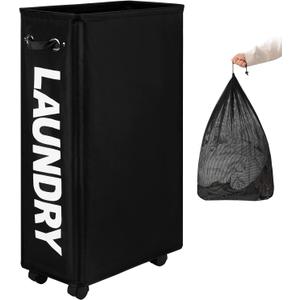 DOKEHOM 29-Inches Enlarged Slim Laundry Basket with Removable Wash Bag on Wheels, Collapsible Rolling Laundry Hamper, Foldable Narrow Corner Clothes Storage Bins (Black)