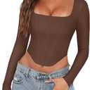 REORIA Womens Trendy Sexy Square Neck Long Sleeve Backless Y2K Going Out Boned Bustier Corset Crop Tops (Small, Coffee)