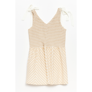 Sujama Striped Smocked Maxi Dress for Women Sleeveless Tie Strap Tiered Sexy V Neck Long Dress Flowy Sundress with Pockets Beige, M