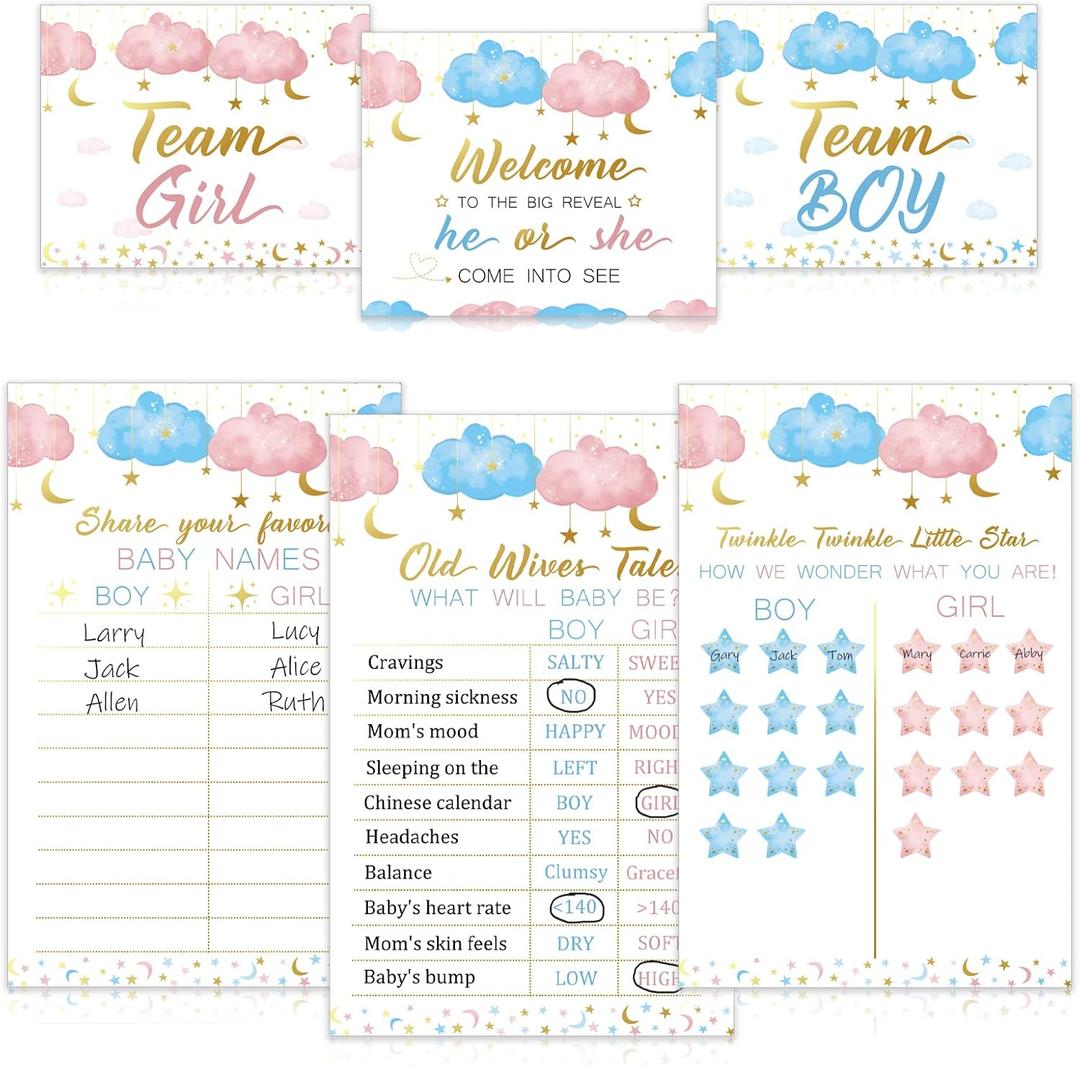Twinkle Twinkle Little Star Baby Gender Reveal Party Supplies Kit, Photo Props Games Decorations, He or She, Includes 3 Game Posters (11x17), 3 Signs (8x10), 60 Blue and Pink Voting Stickers
