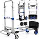 Upgraded 3 in 1 Aluminum Folding Hand Truck, 600 lbs Convertible Heavy Duty Dolly Cart, Collapsible Hand Trucks with 4 Rubber Wheels and Retractable Handle for Home, Warehouse, Supermarket(Blue)
