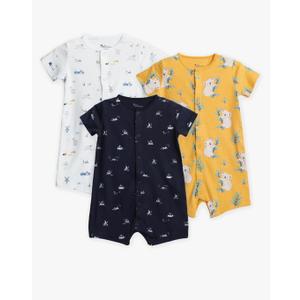 3-Pack 100% Cotton Baby Boy Rompers, 9-12 Months Short Sleeve Toddler Romper, Breathable Spring/Summer Clothes