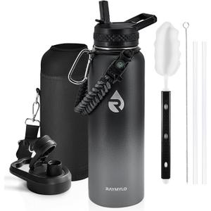 Insulated Water Bottle 40 oz, Triple Wall Vacuum Stainless Steel (Cold for 48 Hrs), Leak Proof & Non-BPA, Modern Water Flask Jug with Paracord Handle & Straw Spout Lids, Dark Grey