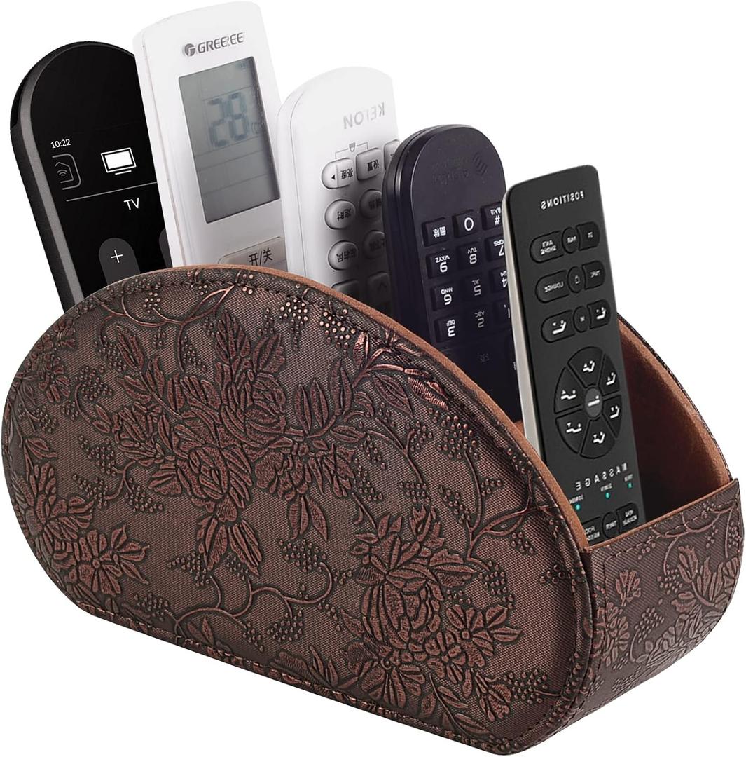 Tv Remote Holder Tray with 5 Compartment,PU Leather Remote Control Holder/Caddy,Placed Media Remote Storage Box/Glasses/Makeup Brush/Office Products/Desktop Organizers Nightstand Decoration (Retro)