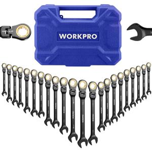 WORKPRO 22-piece Ratcheting Wrench Set with 180 Flex Head, Anti-Slip Tooth, Combination Wrench Sets with Organizer Box, Metric 6-18mm & SAE 1/4-3/4", Black Electrophoretic Coating