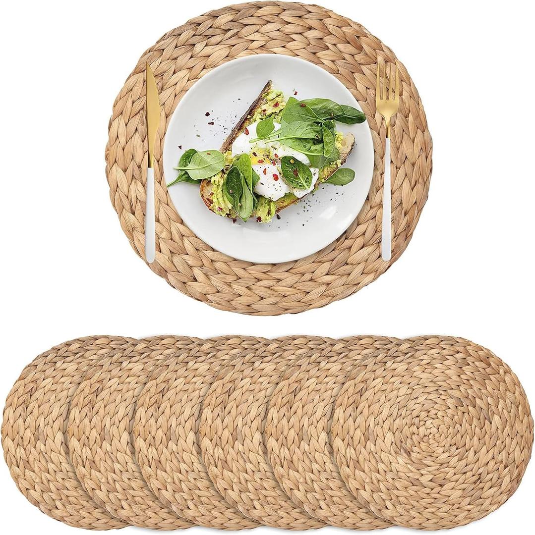 6 Pack Woven Placemats, Round Wicker Placemats, Rattan Place mats, Natural Hand-Woven Water Hyacinth Table Mats, Braided Straw Table Mats for Dining Table (13.8 inch), 13.8 inch Set of 6