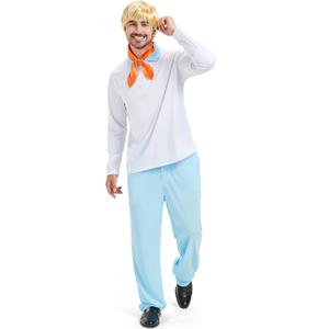 Halloween Cartoon Character Costume, Men’s Mystery Solving Detective Suit with Wig Scarf Shirt & Pants for Movie Cosplay, XL