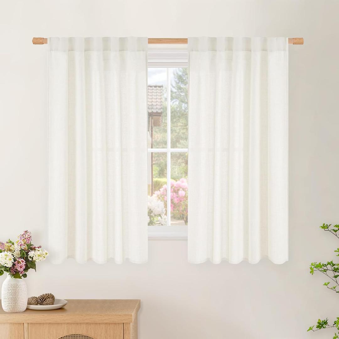 BGment Linen Ivory Curtains 48 Inches Long for Cafe Windows, Short Semi Sheer Drapes Rustic for Office Privacy Rod Pocket and Back Tab Light Filtering, 2 Panels Set, 42 Inch Wide Each Panel
