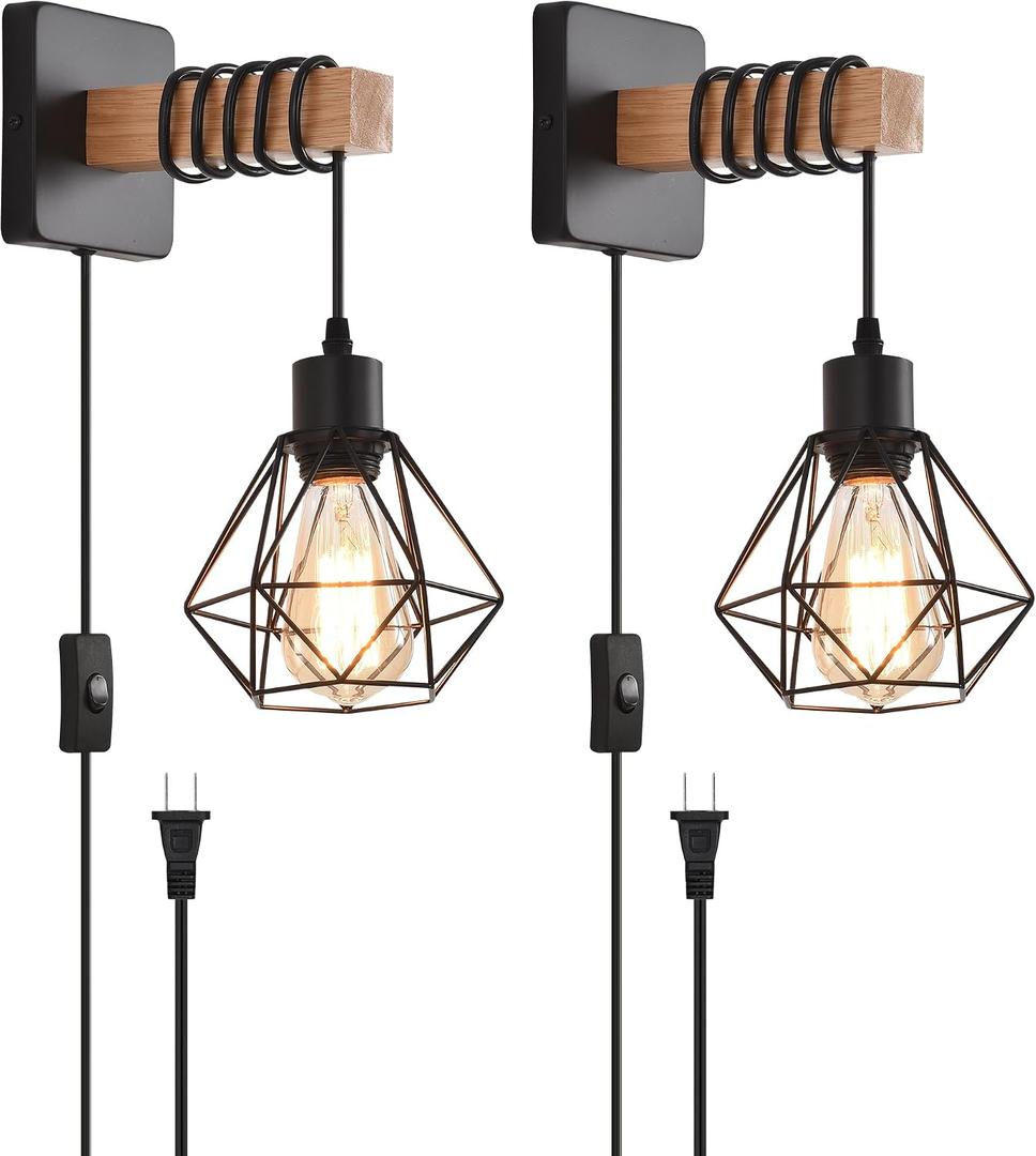 Rustic Wall Sconces Fixtures with Plug in Cord, Set of Two Indoor Vintage Rattan Wall Light Industrial Lamp Fixture Farmhouse Metal Sconces Light for Bedroom Bedside Living Room