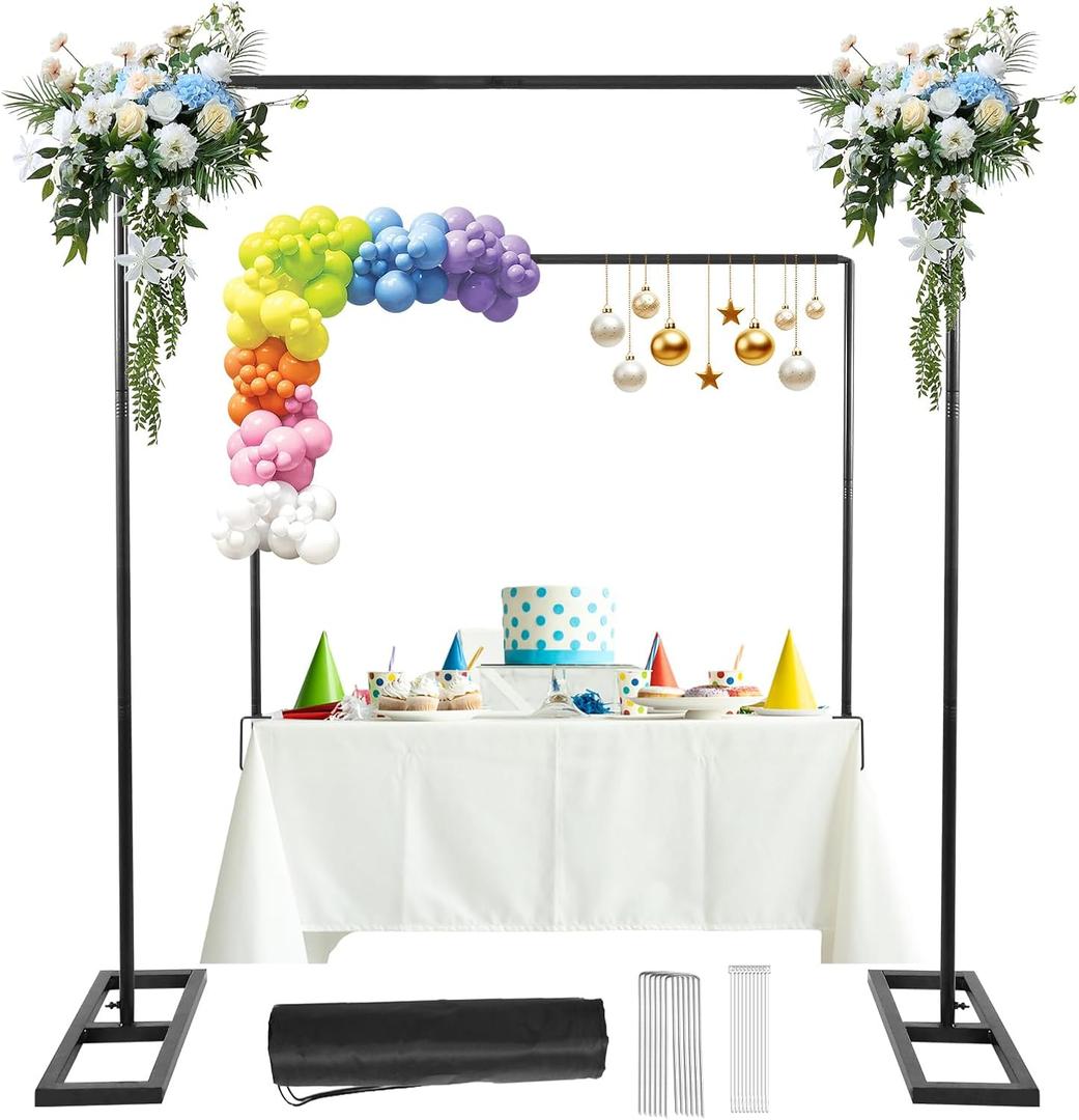 Square Backdrop Stand, 8.2FT Black Wedding Arch, Heavy Duty Balloon Arch Stand, Over The Table Rod Stand with Clamps, Adjustable Photo Booth Background, Backdrop Frame for Halloween Christmas Party