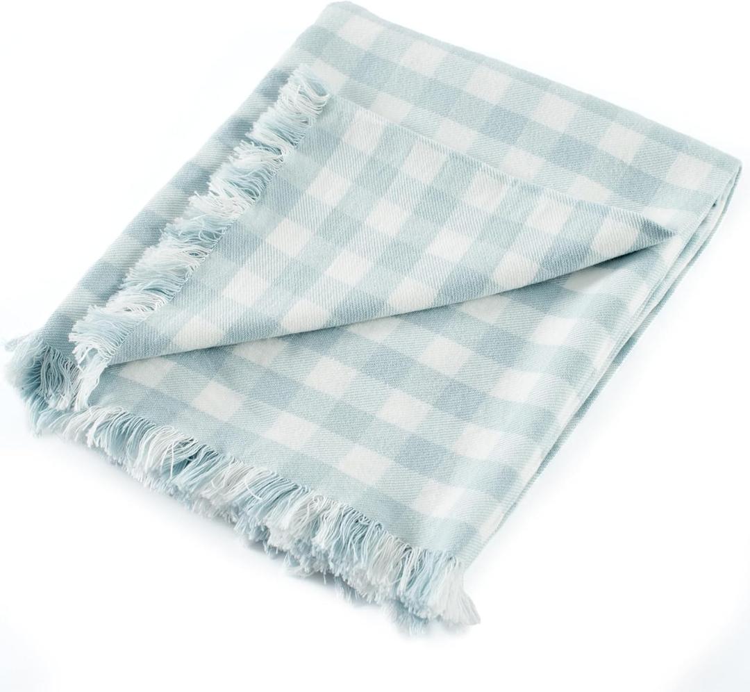 100% Cotton Throw Blanket Plaid Soft Lightweight Cozy Farmhouse Tassels Summer Thin Breathable Throws for Couch Sofa Bed (50"  60" Blue)