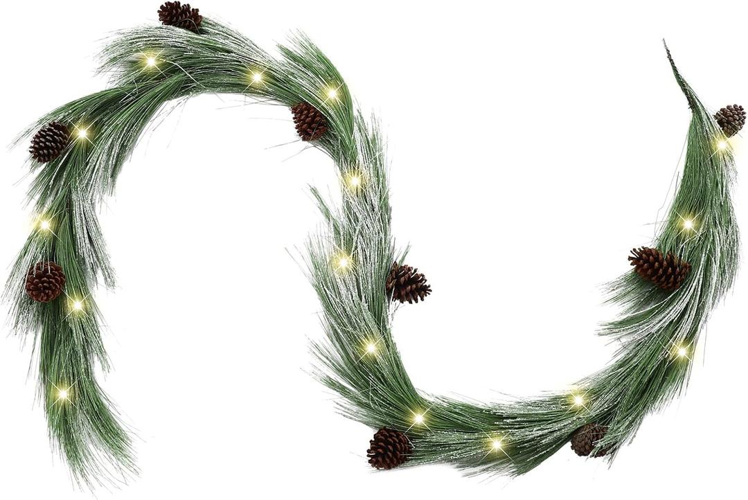 Jutom 9 ft Pre-lit Christmas Snowy Norfolk Pine Garlands White Frosted Real Touch Cedar Garland Artificial Long Needle Garland with Pine Cone Light for Xmas Mantle Table Stair Indoor Outdoor Decor