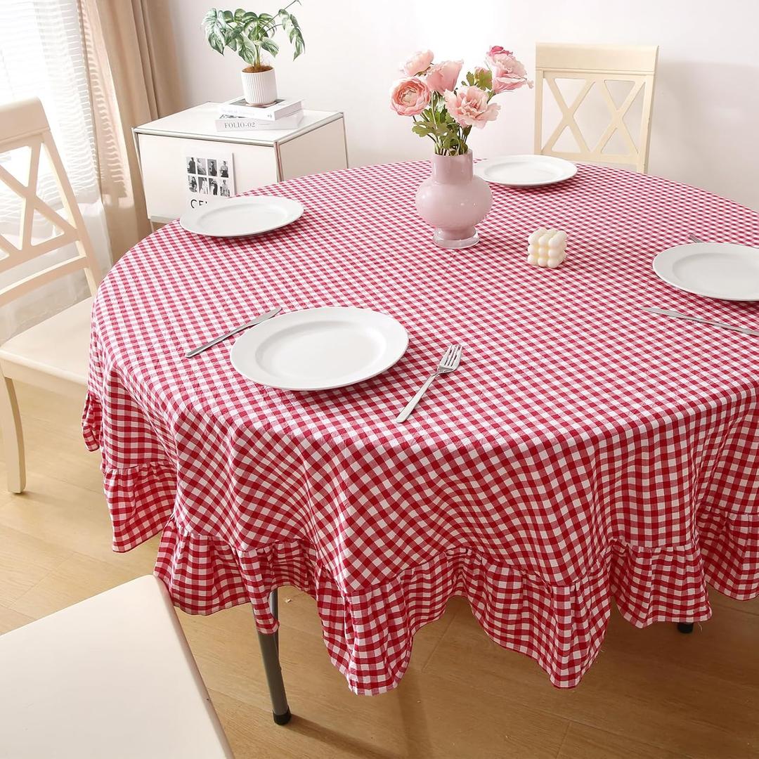 Red Plaid Ruffled Table Cloth Round Cover, 100% Washed Cotton Farmhouse Checker Gingham Vintage Decorative Tablecloth -Dia.70in