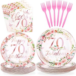 Grencian 96Pcs 70th Birthday Party Decorations for Women Rose Gold Floral 70th Fabulous Plates and Napkins Tableware Cheers to 70 Birthday Decorations for 70 Years Old Birthday Party Favors Serves 24