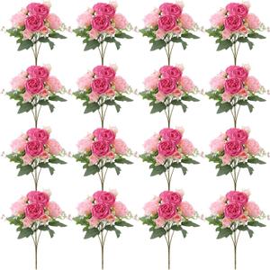 16 Pack Pink,Hot Pink Peonies Artificial Flowers,Fake Silk Hydrangea Bouquet for Bridal Wedding Home Table Decor Reusable Dining Opening Ceremony Birthday Arrangement Faux Floral