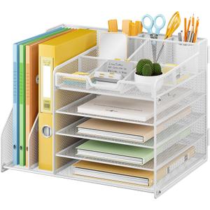 Lavatino 5-Tier Desk Organizer with 2 File Holders, Metal Adjustable Paper Letter Tray for Office or Home Desk Organizers and Accessories | 7 Flexible Dividers Keep Workspace Supplies Neat, White
