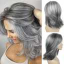 SEVENCOLORS Layered Grey Silver Wigs for Women Short White Mixed Gray Wig with Curtain Bangs Synthetic Hair Medium Length Bob Wigs