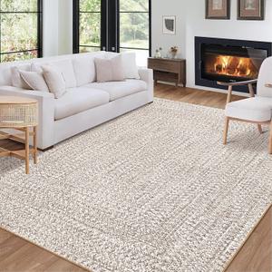 Washable Area Rug, 5x7 Print, Machine Washable, Solid Printed Textured Carpet, Stain Resistant, Non-Slip Accent Rug, Farmhouse Floor Cover for Dining Bedroom Decor, Beige/Grey