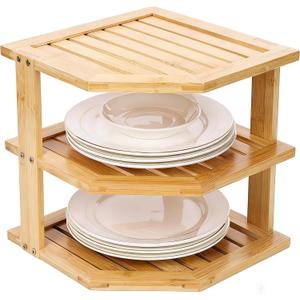 Plate Organizer for Cabinet and Kitchen Countertop, 3-Tier Bamboo Corner Shelf - Space Saver, 3 Tier Shelf for Dishes, Bowls, Bread Storage in Pantry & Bathroom (9.5, Natural)