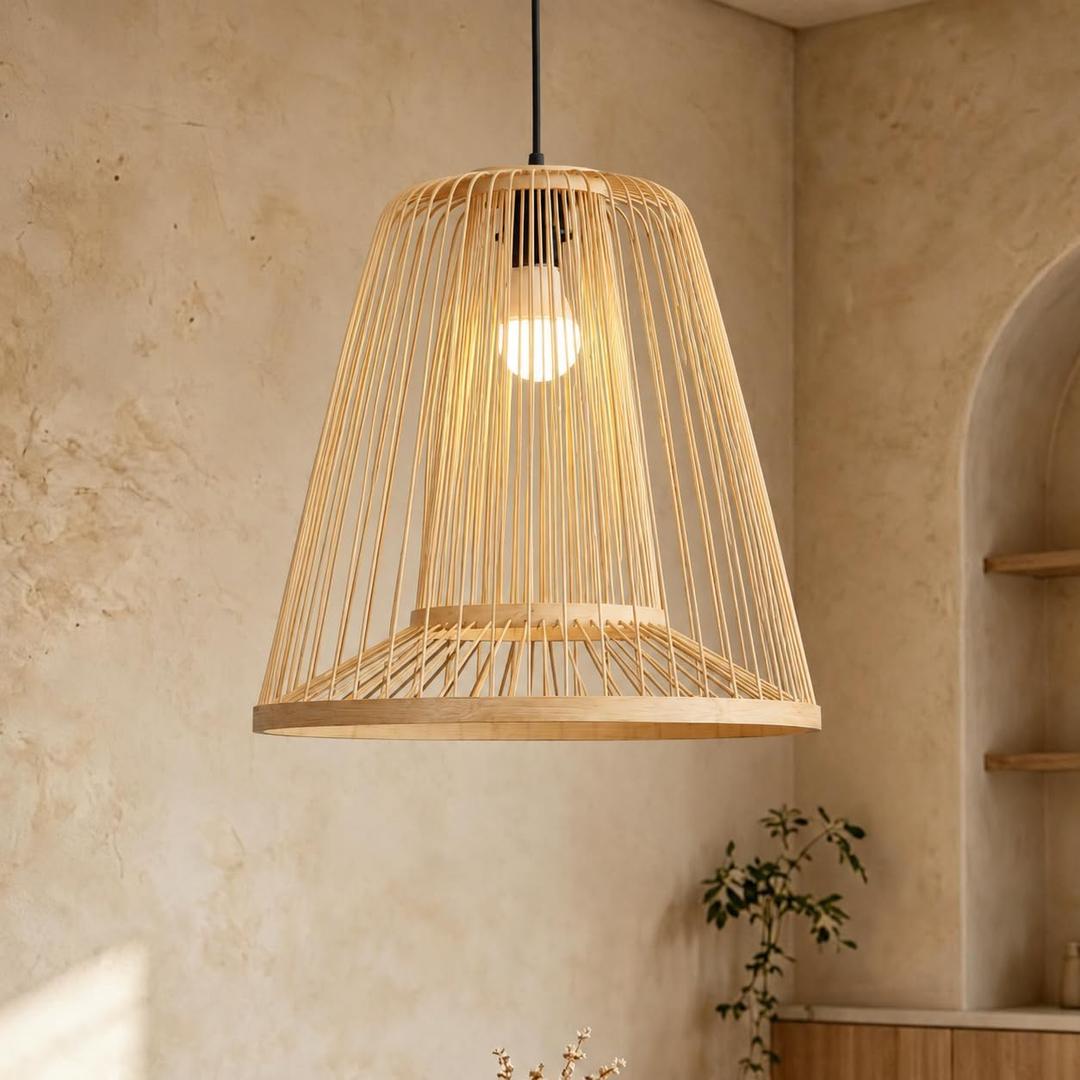 Bamboo Adjustable Height Pendant Light 16" Boho Rustic Farmhouse Chandelier | Includes Bulb, Boho Pendant Lamp, Rattan Woven Hanging Light for the Dining Room Living Room Kitchen Island Bedroom Hallway