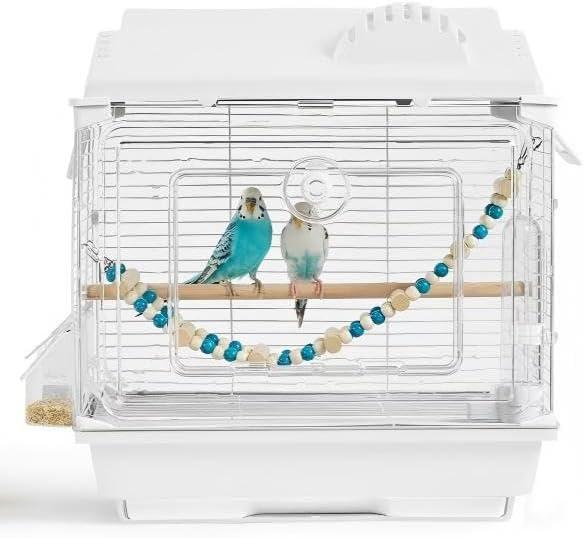Clear View Bird Cage, Indoor & Travel Small Birdcage for Parakeet, Parrot, Budgies, Cockatiels, Canary |Easy Clean Safe Materials (White-Z1)