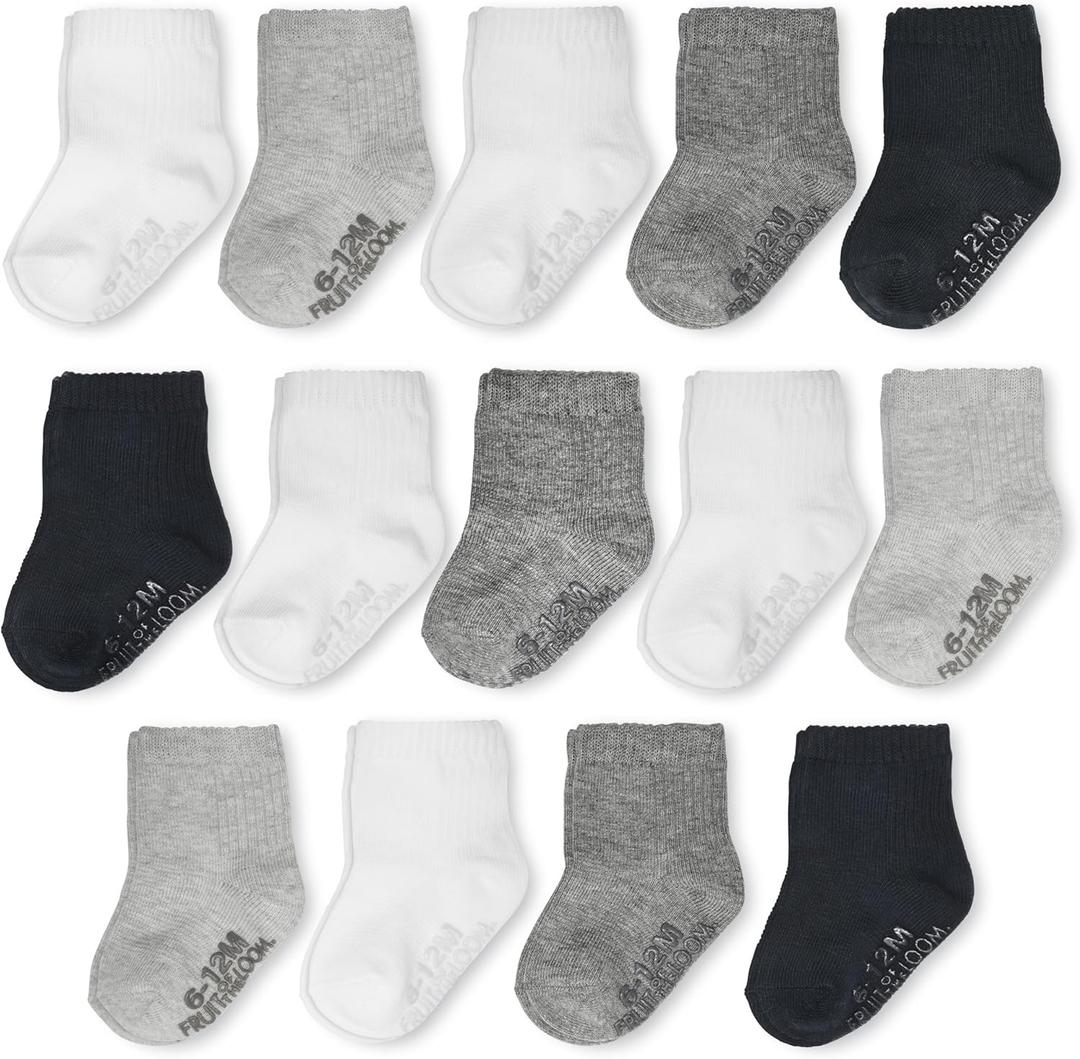 Fruit of the Loom Baby 14-Pack Grow & Fit Flex Zones Cotton Stretch Socks - Unisex, Girls, Boys (12-24 Months, Black, White, Grey)