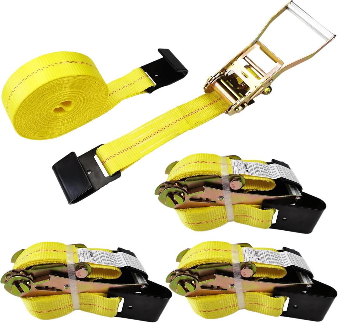 KJE Flat Hook Ratchet Straps,4 Pack Heavy Duty Tie Down Straps 2" x 27' Weather Resistant Cargo Strap 3,333 Pound Working Load Limit for Flatbed, Truck, Trailers Pickup (Yellow)