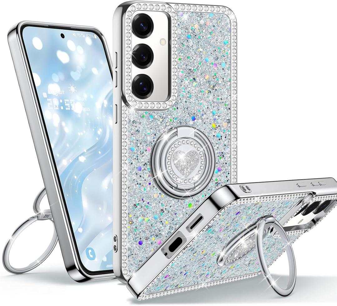 for Samsung Galaxy S25 Plus Case with Stand, Phone Case with Double Ring Kickstand, Women Girls Bling Glitter Cute Luxury Protective Case for Galaxy S25 Plus, Silver