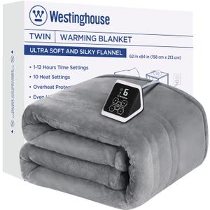 Westinghouse Heated Twin Blanket - Electric With 10 Heating Levels, 1-12 Hours Auto Shut Off, Fast Warming, Machine Washable (62x84 Inches, Light Grey)