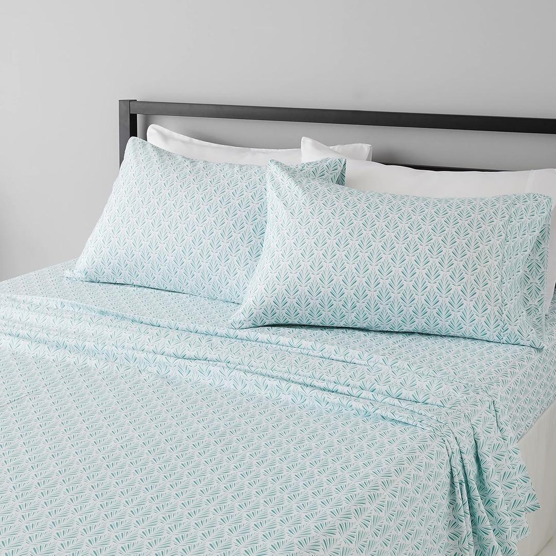 Amazon Basics Lightweight Breathable Brushed Microfiber 4-Piece Bed Sheet Set with 14-Inch Deep Pockets, Wrinkle Resistant, Queen, Aqua Fern, Printed