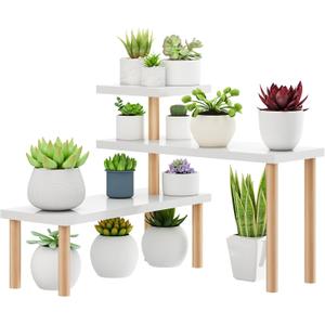 Small Plant Stand Shelf ,3 Tiers Wood Long Desktop Flower Pot Holder Racks for Window Sill,Table ,Countertop Organizer Display Stand Shelves (Angle Adjustable,White)