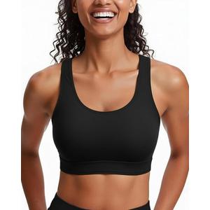 Women Sports Bra Bikini Top - Scoop Neck Criss Cross Back Swim Top Spaghetti Straps Bathing Suit Top Only 2025, Black, M