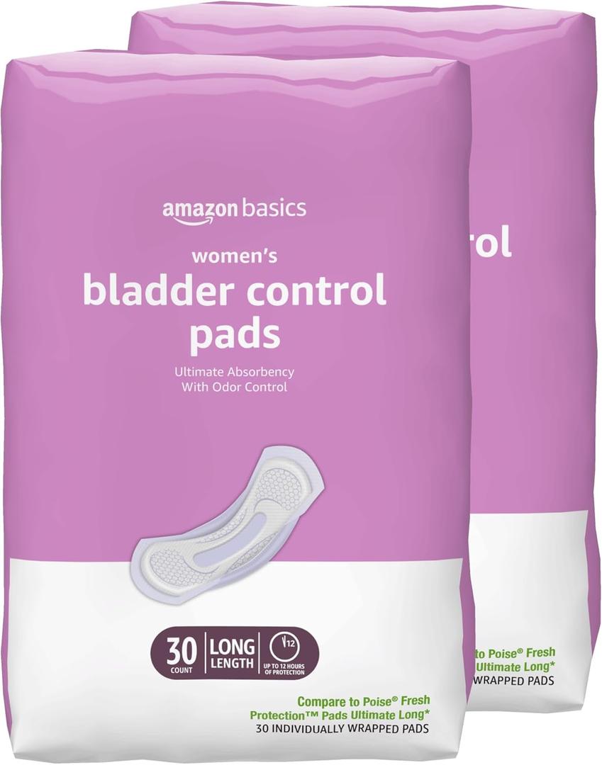 Amazon Basics Incontinence Pads for Women Long, Bladder Control, Postpartum, Ultimate Absorbency, Unscented, 60 Count (2 Packs of 30)